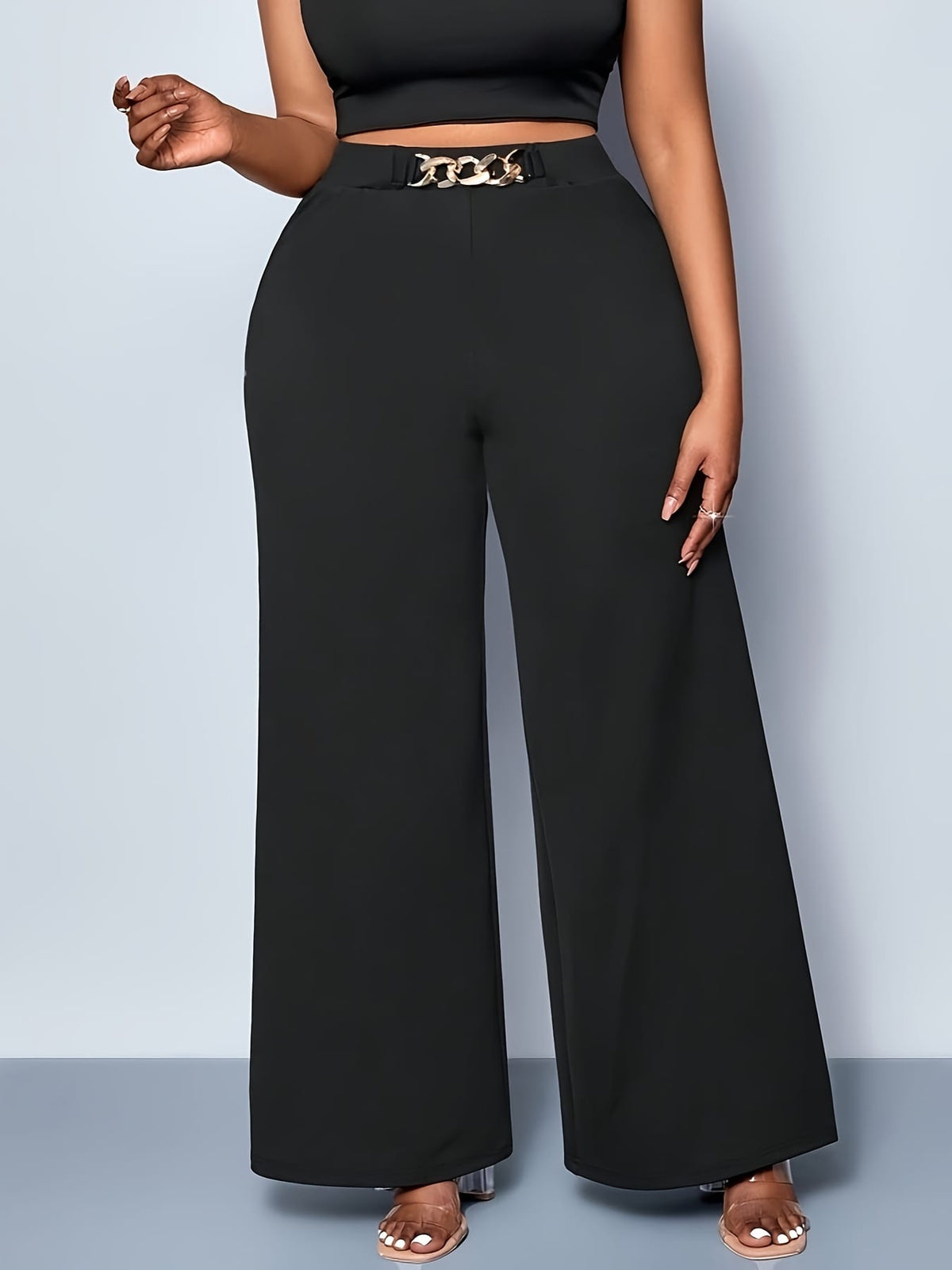 jkthpu-45 Plus Size High Waist Stretchy WideLeg Pants Black Versatility
