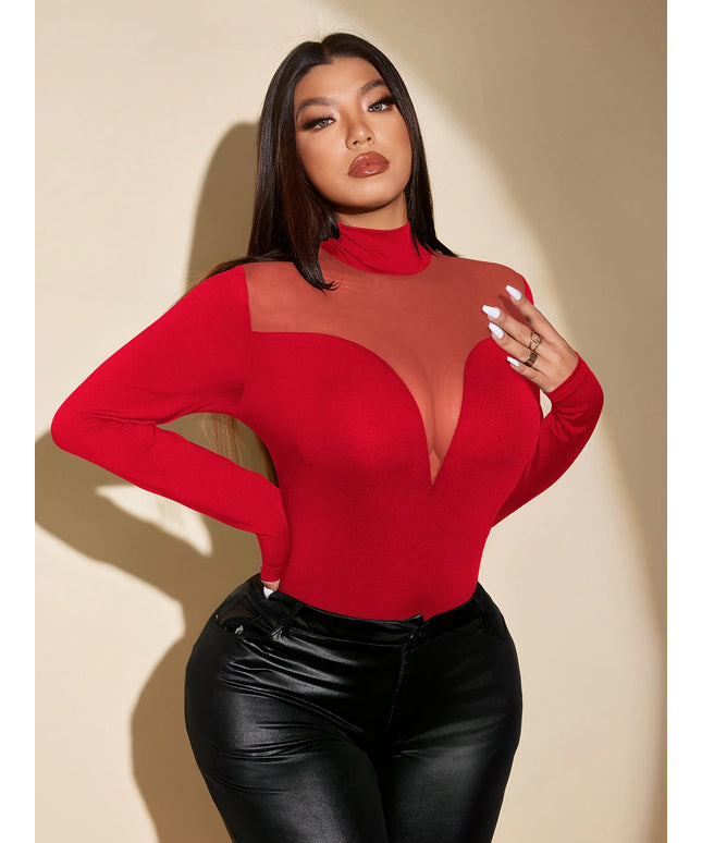 jkthpu-45 Plus Size High-Waisted Mesh Sleeve Blouse – Long Sleeve Tunic Red & Black