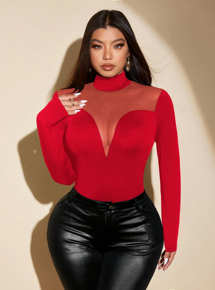 jkthpu-45 Plus Size High-Waisted Mesh Sleeve Blouse – Long Sleeve Tunic Red & Black