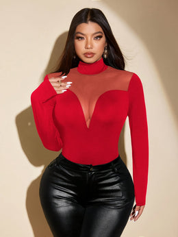 jkthpu-45 Plus Size High-Waisted Mesh Sleeve Blouse – Long Sleeve Tunic Red & Black