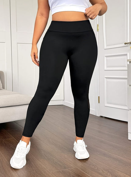 jkthpu-45 Plus Size High-Waisted Yoga Leggings with Mesh Panel