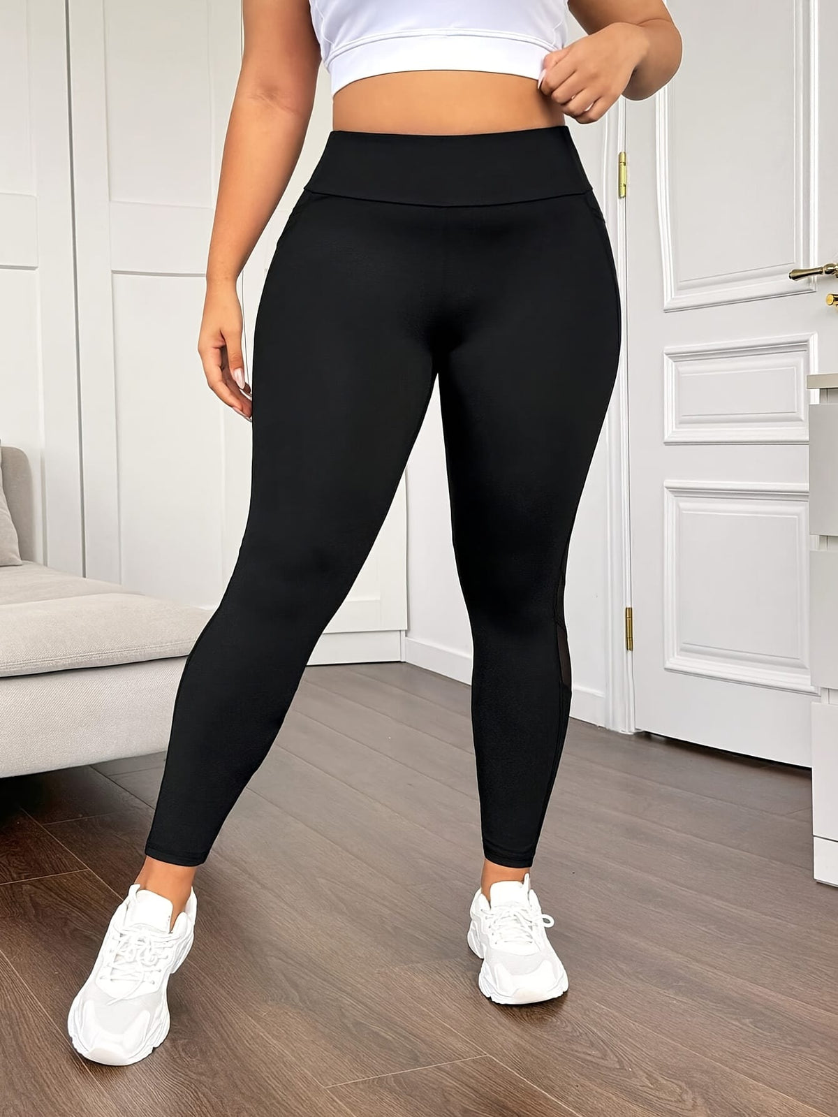 jkthpu-45 Plus Size High-Waisted Yoga Leggings with Mesh Panel