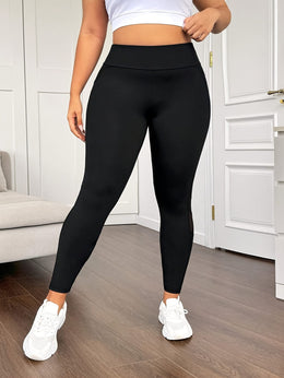 jkthpu-45 Plus Size High-Waisted Yoga Leggings with Mesh Panel