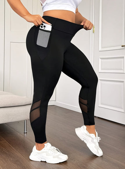 jkthpu-45 Plus Size High-Waisted Yoga Leggings with Mesh Panel