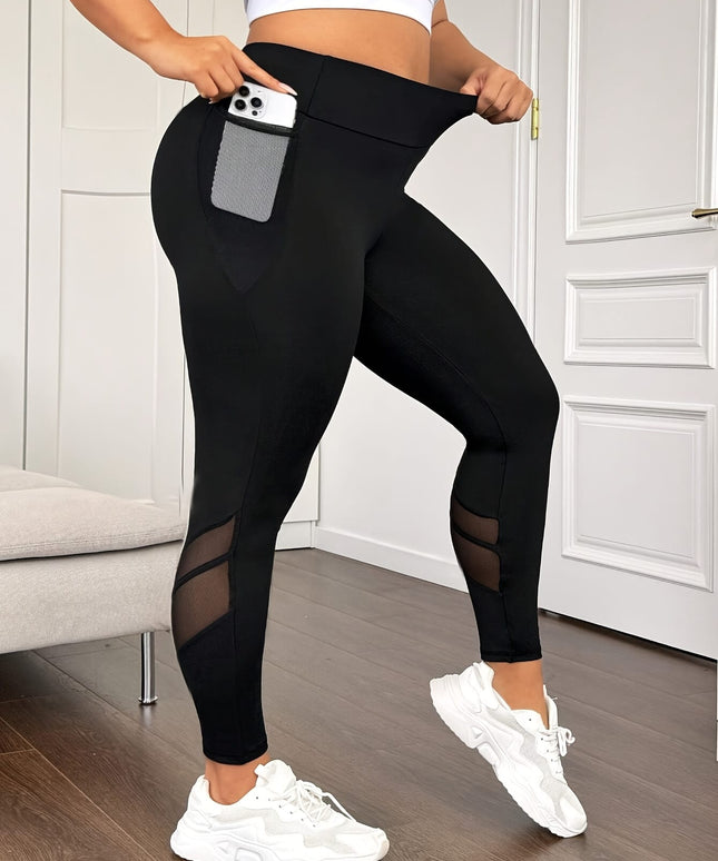 jkthpu-45 Plus Size High-Waisted Yoga Leggings with Mesh Panel