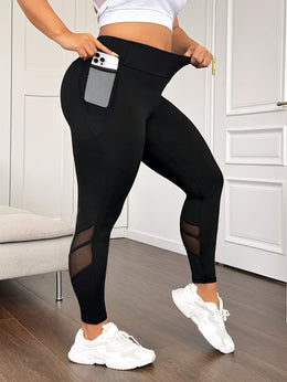 jkthpu-45 Plus Size High-Waisted Yoga Leggings with Mesh Panel