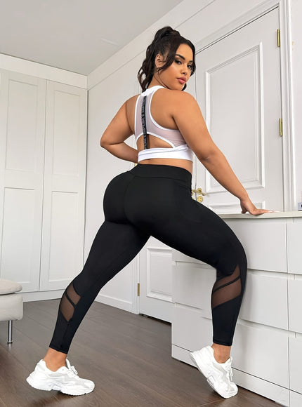 jkthpu-45 Plus Size High-Waisted Yoga Leggings with Mesh Panel