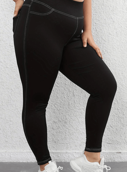 jkthpu-45 Plus Size HighWaisted Black Yoga Leggings with Pockets