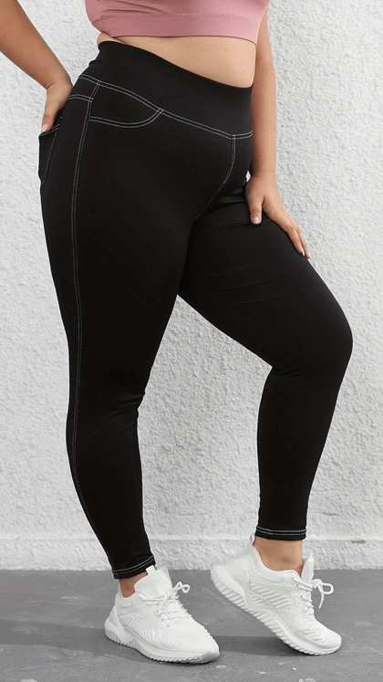 jkthpu-45 Plus Size HighWaisted Black Yoga Leggings with Pockets