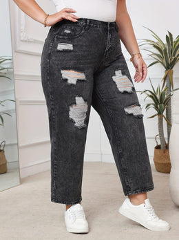 jkthpu-45 Plus Size HighWaisted Ripped Dark Wash Stretch Jeans