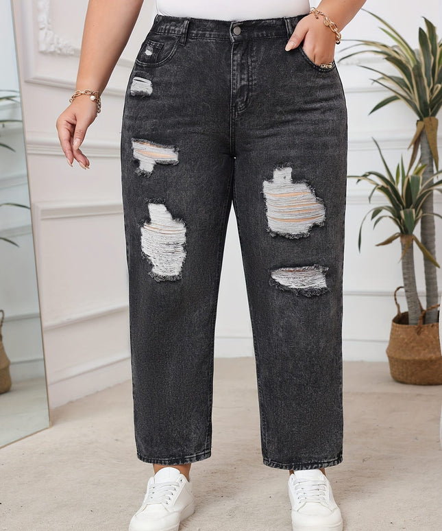 jkthpu-45 Plus Size HighWaisted Ripped Dark Wash Stretch Jeans
