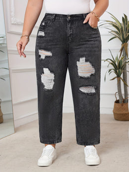 jkthpu-45 Plus Size HighWaisted Ripped Dark Wash Stretch Jeans