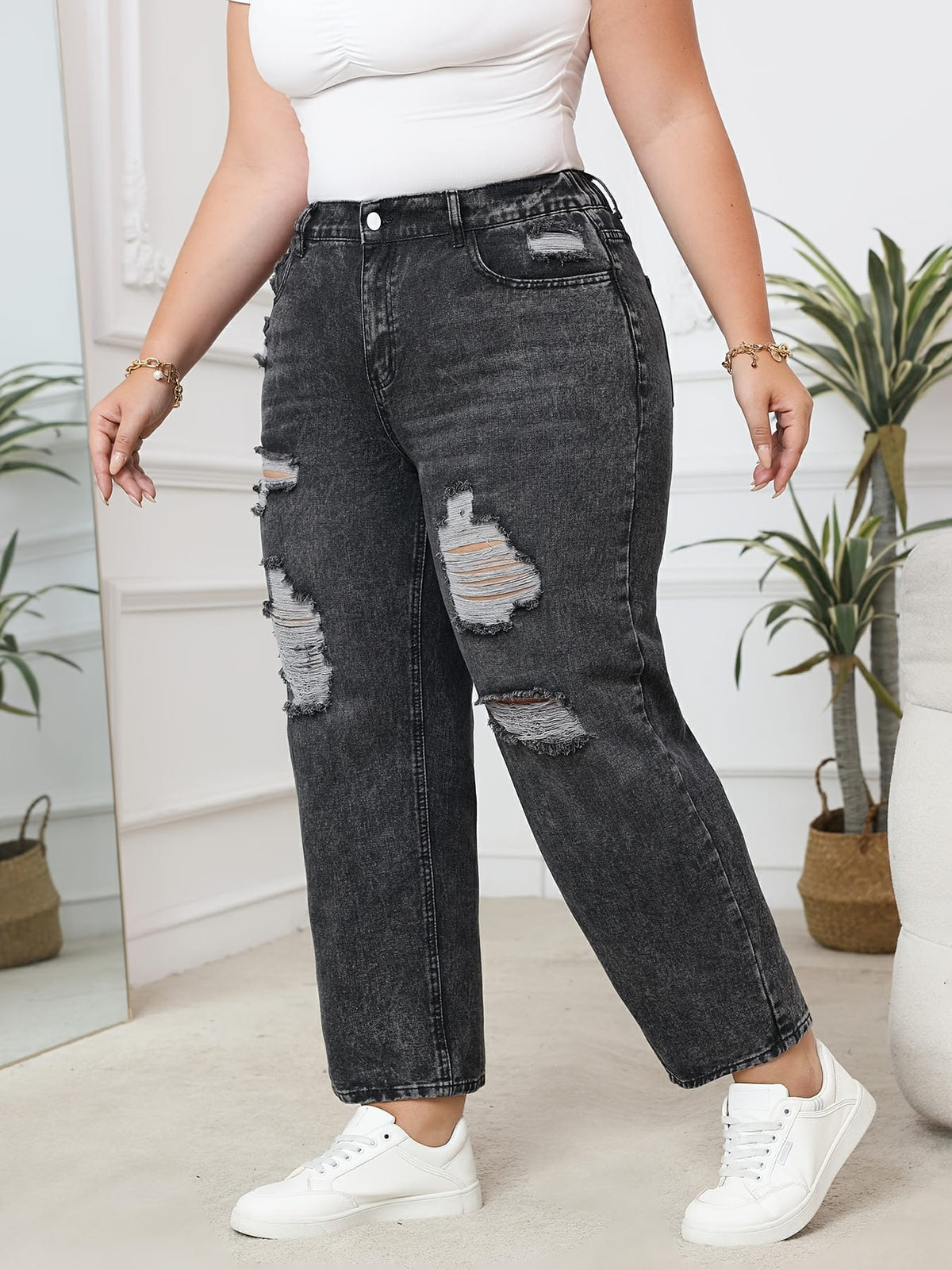 jkthpu-45 Plus Size HighWaisted Ripped Dark Wash Stretch Jeans