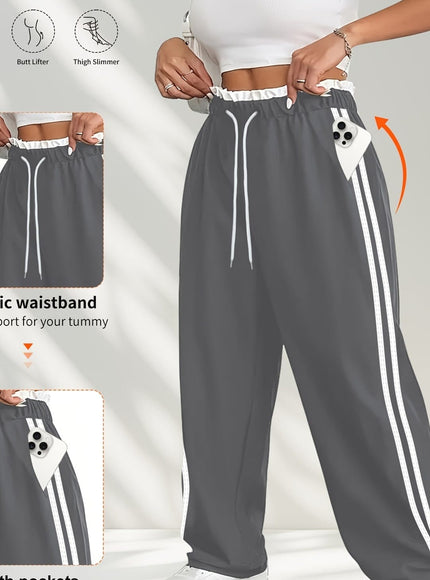 jkthpu-45 Plus Size HighWaisted Stretchy Joggers Maroon  White