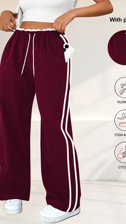 jkthpu-45 Plus Size HighWaisted Stretchy Joggers Maroon  White