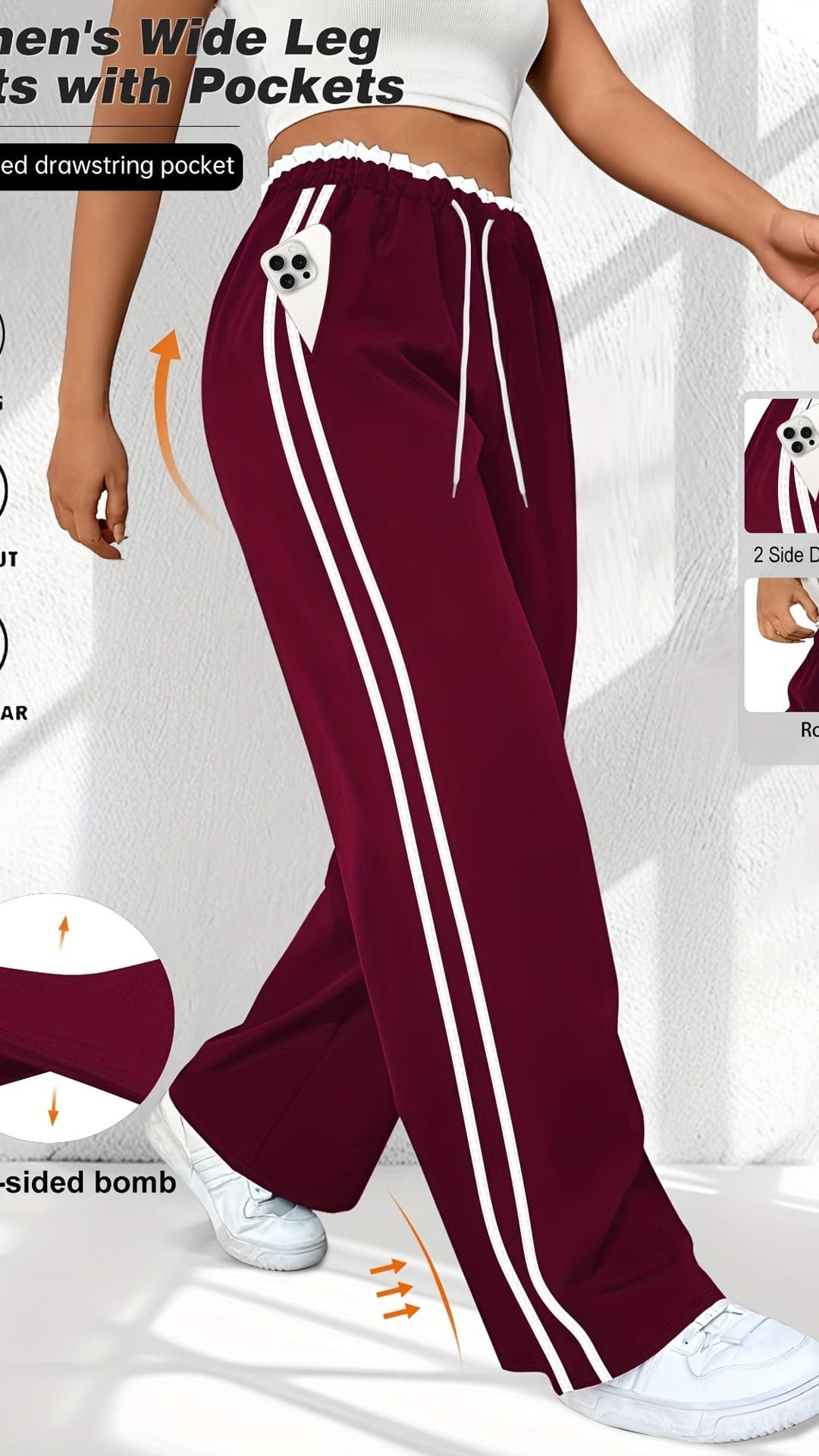 jkthpu-45 Plus Size HighWaisted Stretchy Joggers Maroon  White