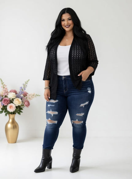 KissICON Plus Size Hollow Open Front Lazy Cardigan