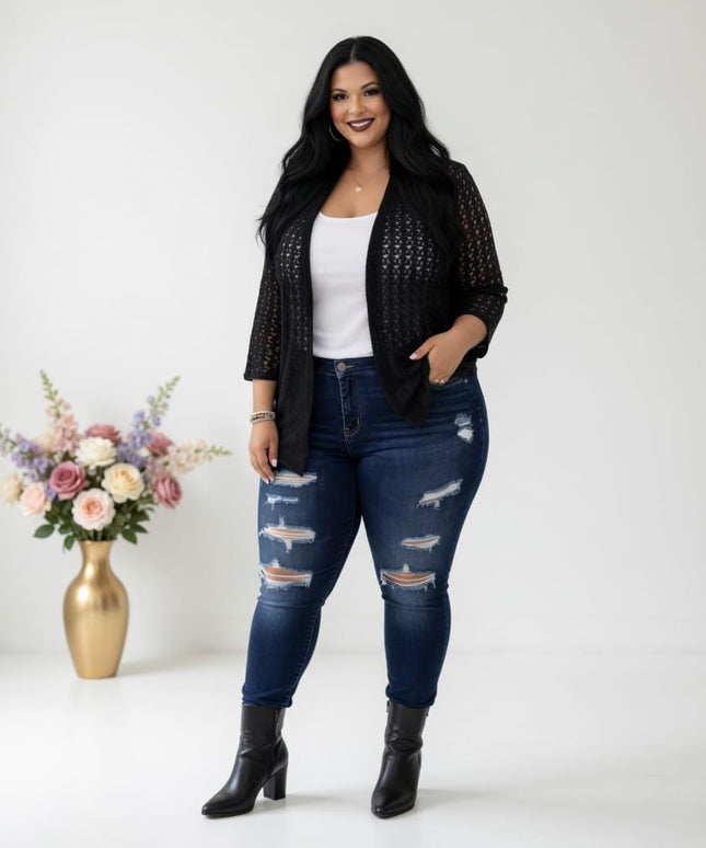 KissICON Plus Size Hollow Open Front Lazy Cardigan