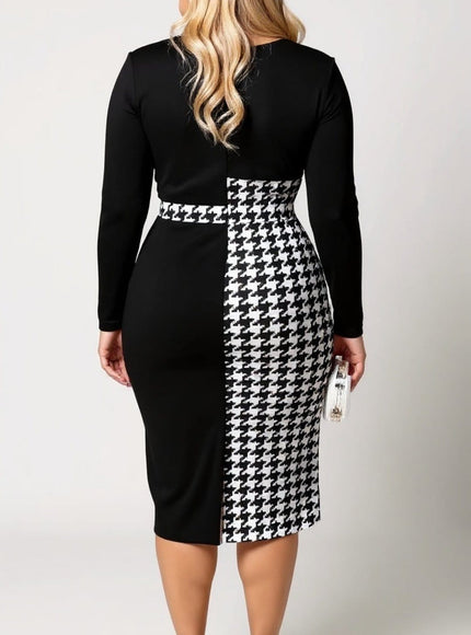 KISSICON Plus Size Houndstooth Panel Bodycon Midi Dress