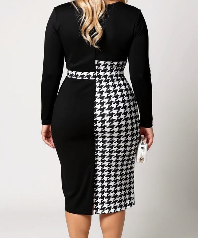 KISSICON Plus Size Houndstooth Panel Bodycon Midi Dress