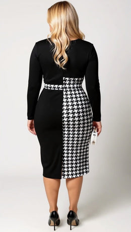 KISSICON Plus Size Houndstooth Panel Bodycon Midi Dress