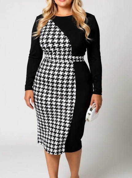 KISSICON Plus Size Houndstooth Panel Bodycon Midi Dress
