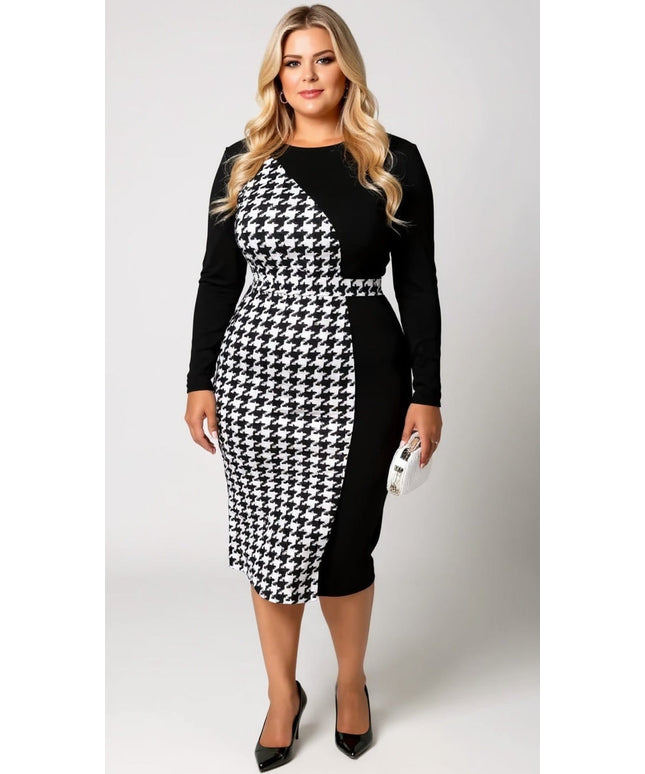 KISSICON Plus Size Houndstooth Panel Bodycon Midi Dress