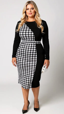 KISSICON Plus Size Houndstooth Panel Bodycon Midi Dress