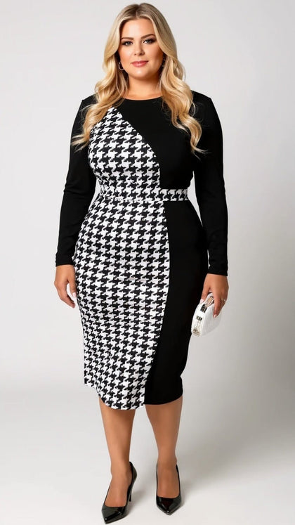 KISSICON Plus Size Houndstooth Panel Bodycon Midi Dress