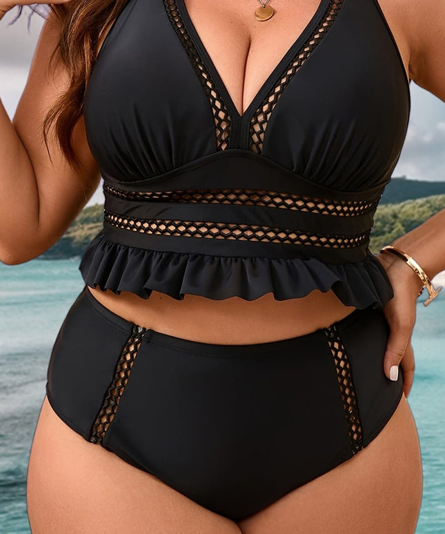 jkthpu-45 Plus Size Jacquard VNeck HighWaist Bikini Set