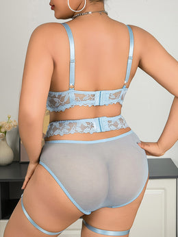jkthpu-45 Plus Size Lace Bra & Panty Set - Elegant Blue & White Lace, Adjustable Strap Design, Perfect for Adult Fashion, Adult Fashion | Lace Bra Set | Elegant Lacework