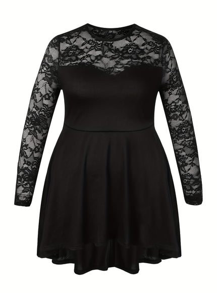 jkthpu-45 Plus Size Lace Panel Semi-Sheer Asymmetrical Hem Top – Black Round Neck