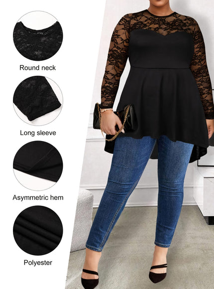 jkthpu-45 Plus Size Lace Panel Semi-Sheer Asymmetrical Hem Top – Black Round Neck