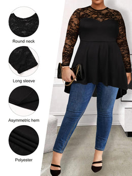 jkthpu-45 Plus Size Lace Panel Semi-Sheer Asymmetrical Hem Top – Black Round Neck