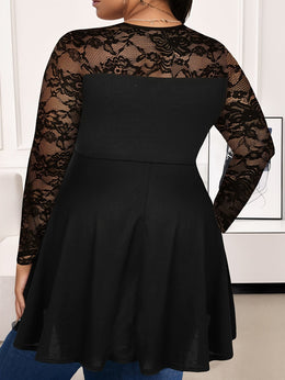 jkthpu-45 Plus Size Lace Panel Semi-Sheer Asymmetrical Hem Top – Black Round Neck