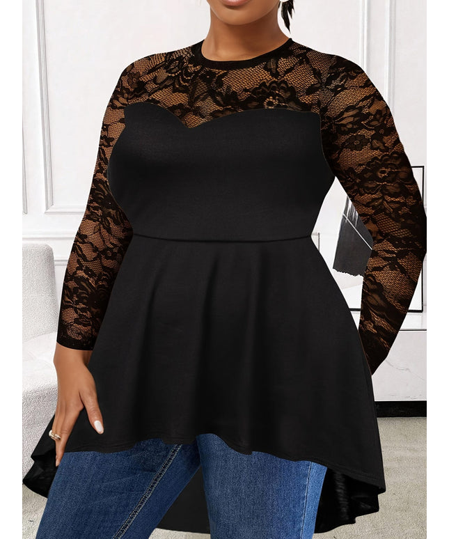 jkthpu-45 Plus Size Lace Panel Semi-Sheer Asymmetrical Hem Top – Black Round Neck
