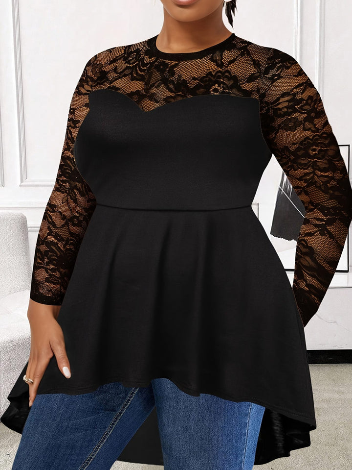 Plus Size Lace Panel Semi-Sheer Asymmetrical Hem Top – Black Round Neck