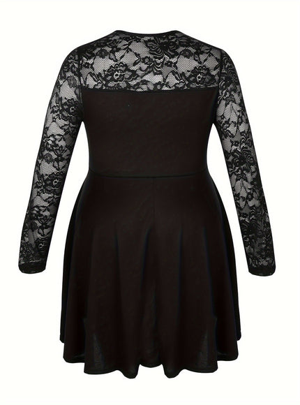 jkthpu-45 Plus Size Lace Panel Semi-Sheer Asymmetrical Hem Top – Black Round Neck