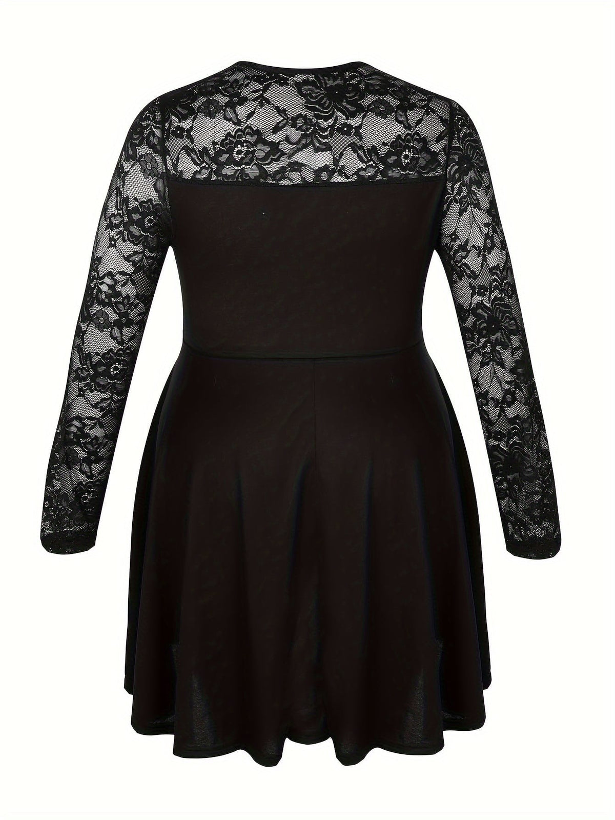 jkthpu-45 Plus Size Lace Panel Semi-Sheer Asymmetrical Hem Top – Black Round Neck
