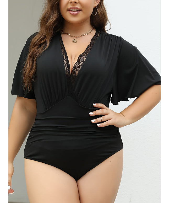 jkthpu-45 Plus Size Lace Stitching Bodysuit - Stylish Short Sleeves, Flattering V-Neckline, Ruched Detailing, Exquisite Lace Stitching - Elegant and Sophisticated Design for Curvy Womens Clothing