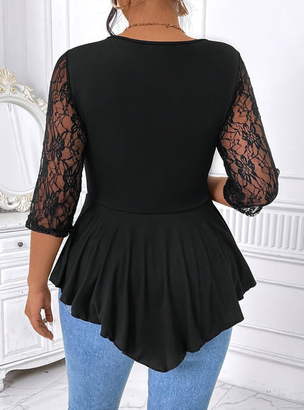 jkthpu-45 Plus Size Lace Trim Blouse – Crew Neck Asymmetrical Hem Three-Quarter Sleeve