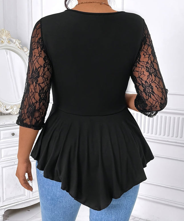 jkthpu-45 Plus Size Lace Trim Blouse – Crew Neck Asymmetrical Hem Three-Quarter Sleeve