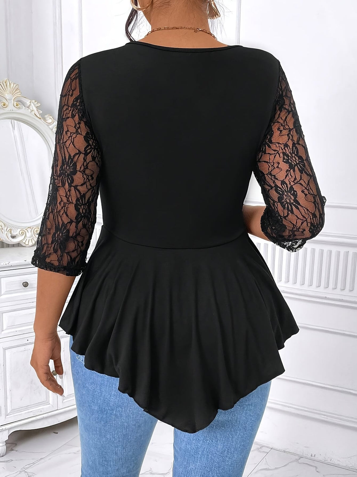 jkthpu-45 Plus Size Lace Trim Blouse – Crew Neck Asymmetrical Hem Three-Quarter Sleeve