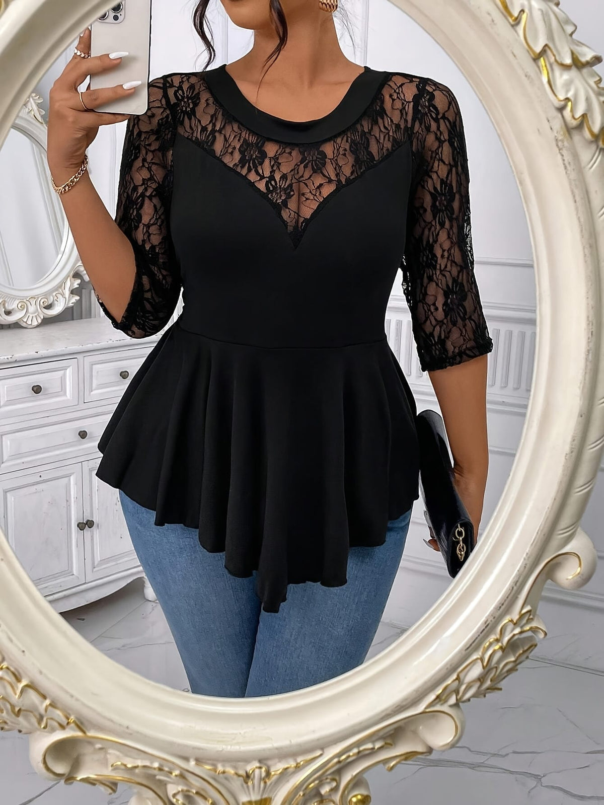 jkthpu-45 Plus Size Lace Trim Blouse – Crew Neck Asymmetrical Hem Three-Quarter Sleeve