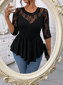 jkthpu-45 Plus Size Lace Trim Blouse – Crew Neck Asymmetrical Hem Three-Quarter Sleeve