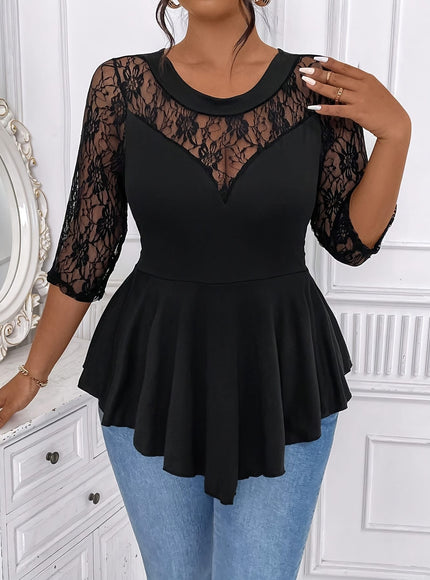 jkthpu-45 Plus Size Lace Trim Blouse – Crew Neck Asymmetrical Hem Three-Quarter Sleeve