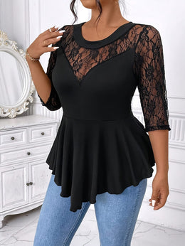 jkthpu-45 Plus Size Lace Trim Blouse – Crew Neck Asymmetrical Hem Three-Quarter Sleeve
