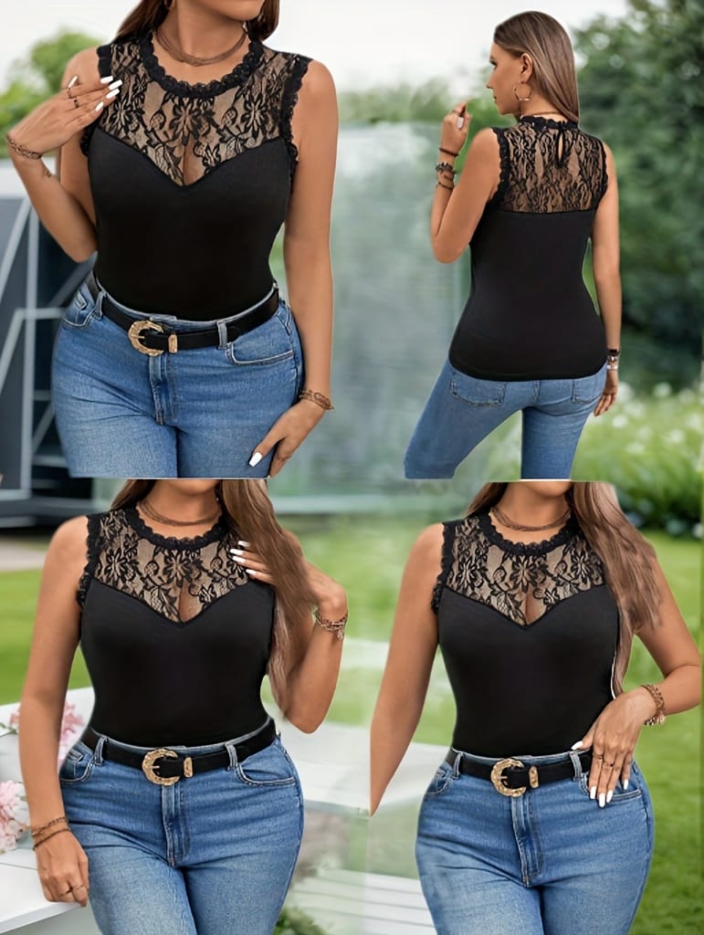 KissICON Plus Size Lace Trim Sleeveless Tank Top – Black & White