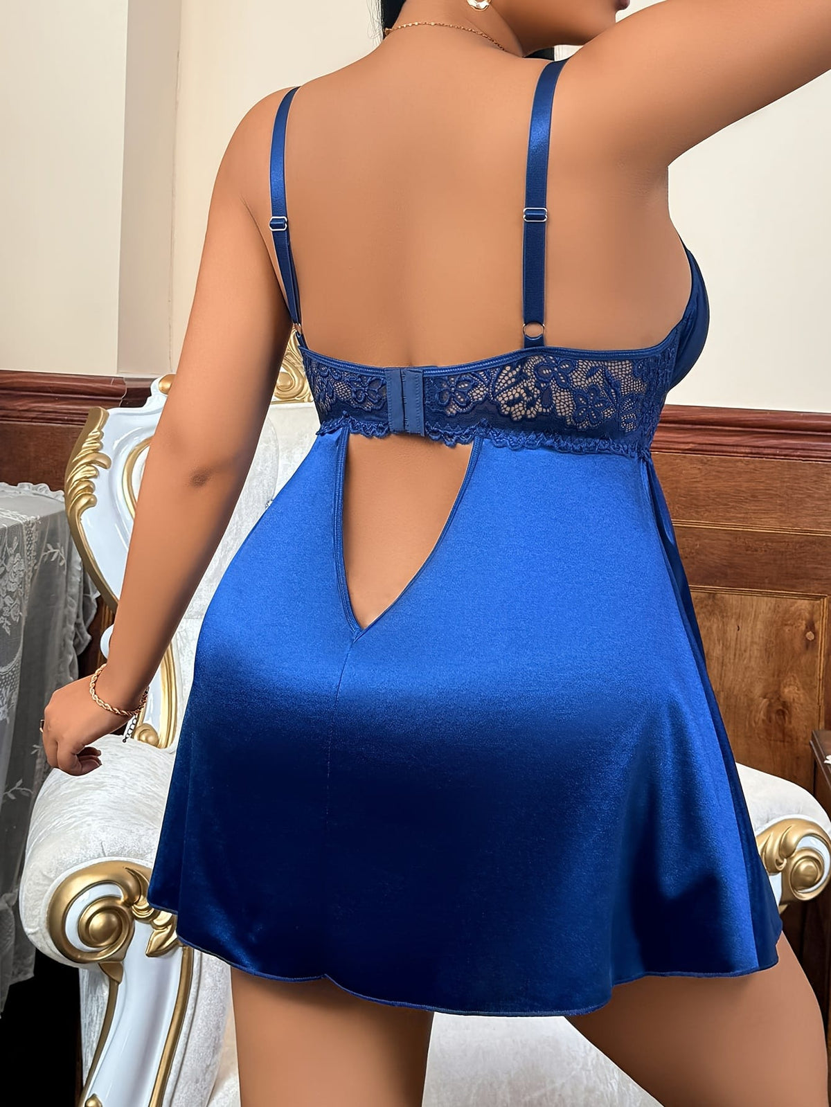 jkthpu-45 Plus Size Lace-Trimmed Cut-Out Satin Slip Dress – Deep V Ruched Waist