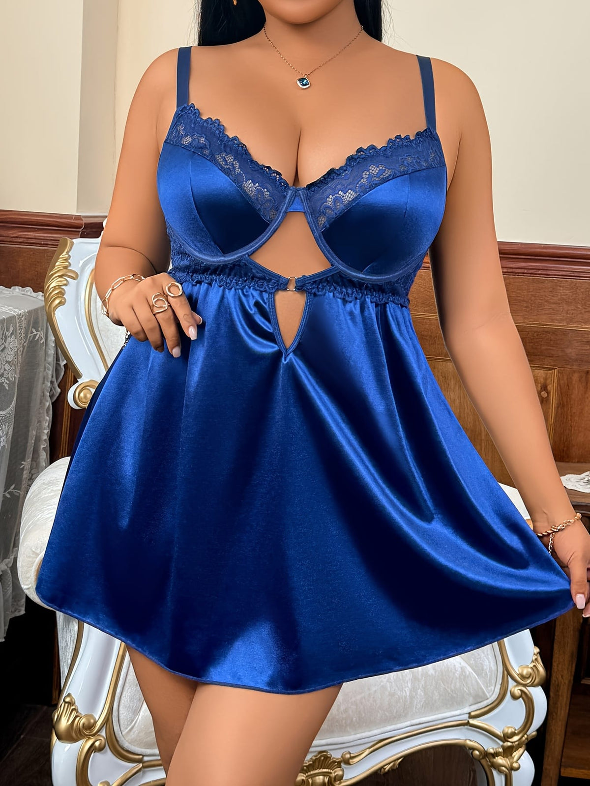 jkthpu-45 Plus Size Lace-Trimmed Cut-Out Satin Slip Dress – Deep V Ruched Waist